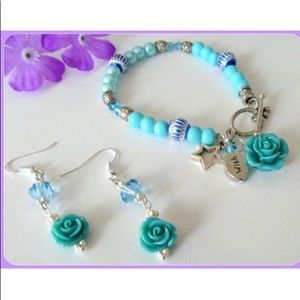 Aqua resin shell charm bracelet and earrings